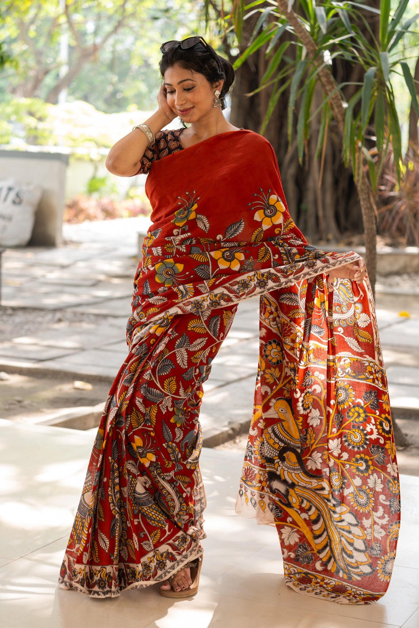 Saffron Rekha Kalamkari Saree - Uttariya