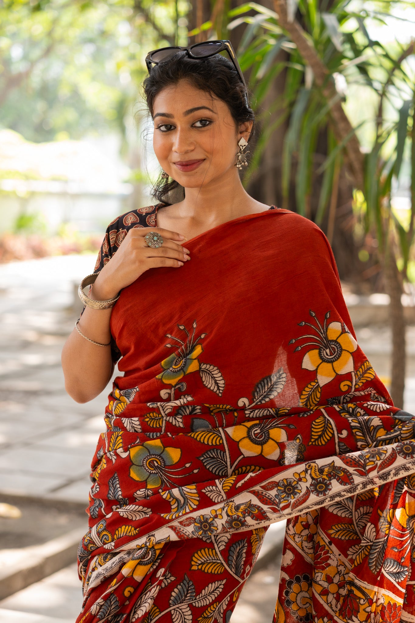 Saffron Rekha Kalamkari Saree - Uttariya