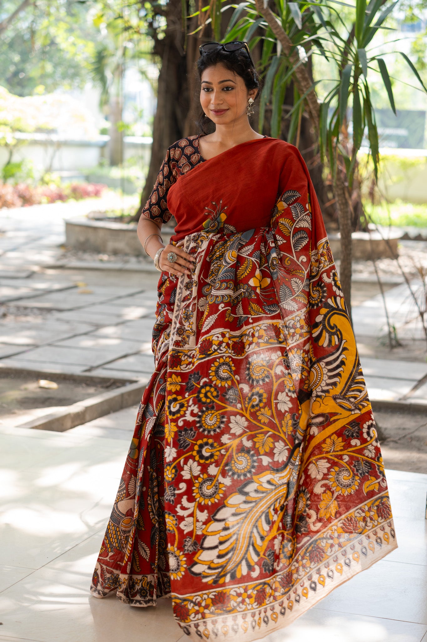 Saffron Rekha Kalamkari Saree - Uttariya