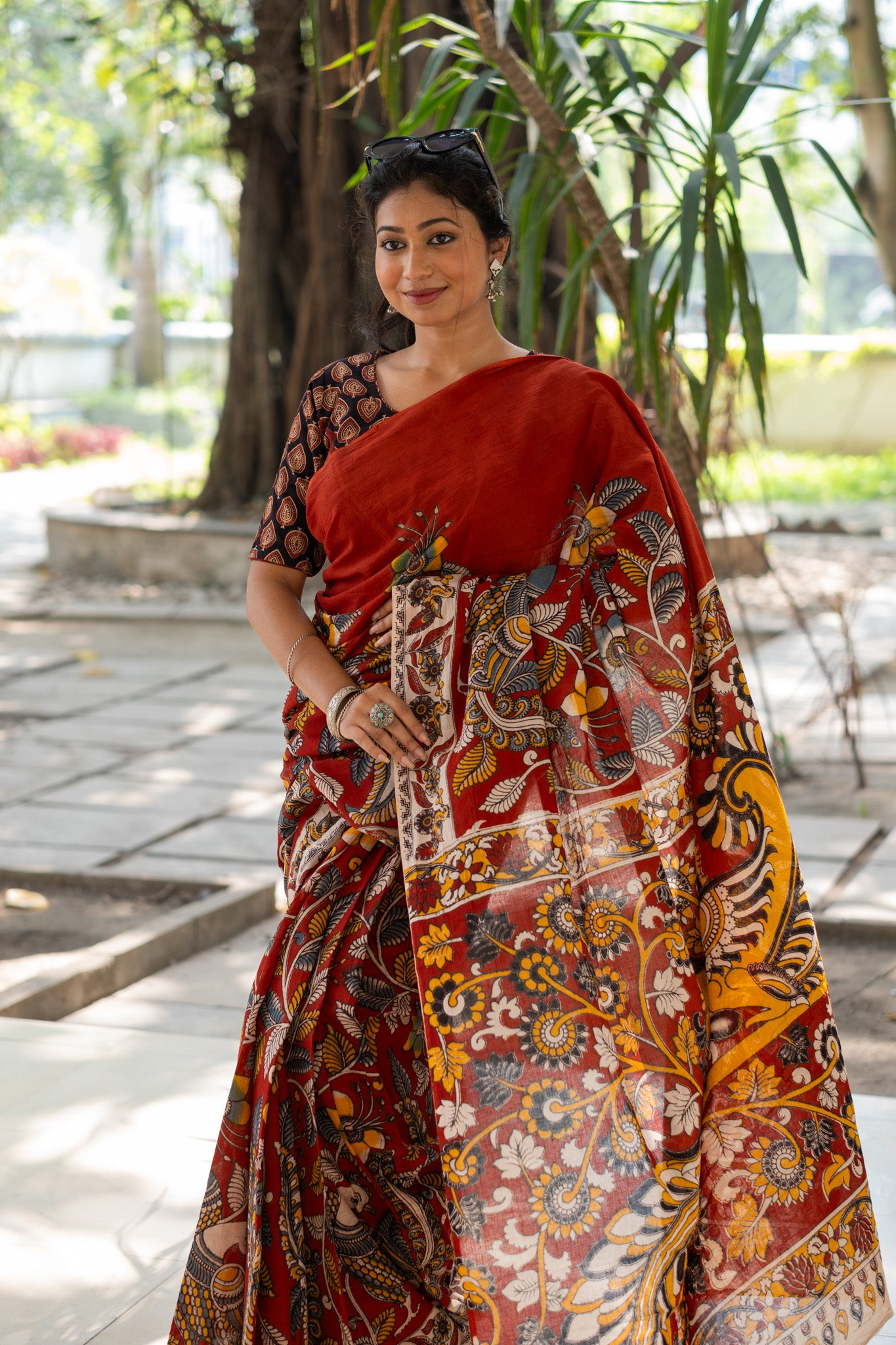 Saffron Rekha Kalamkari Saree - Uttariya