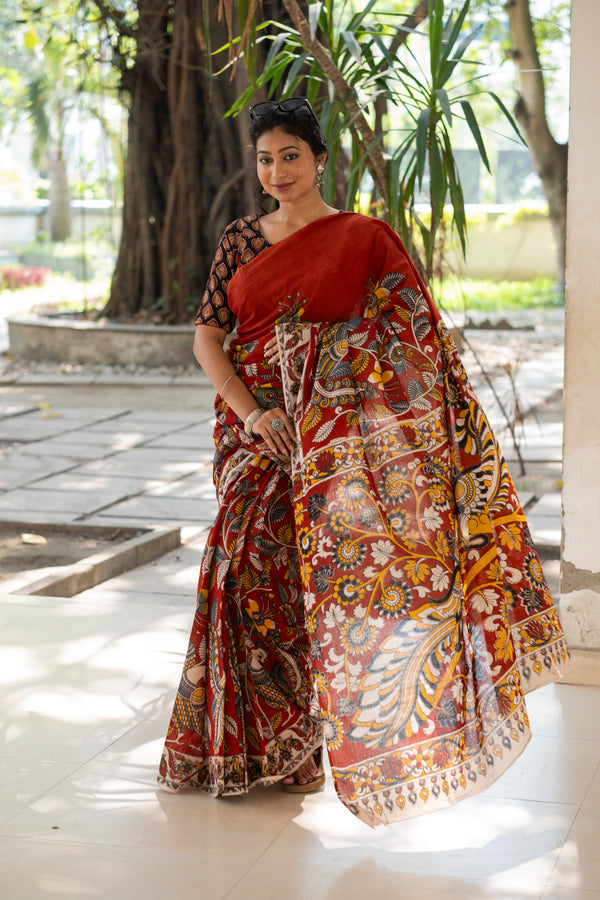Saffron Rekha Kalamkari Saree - Uttariya