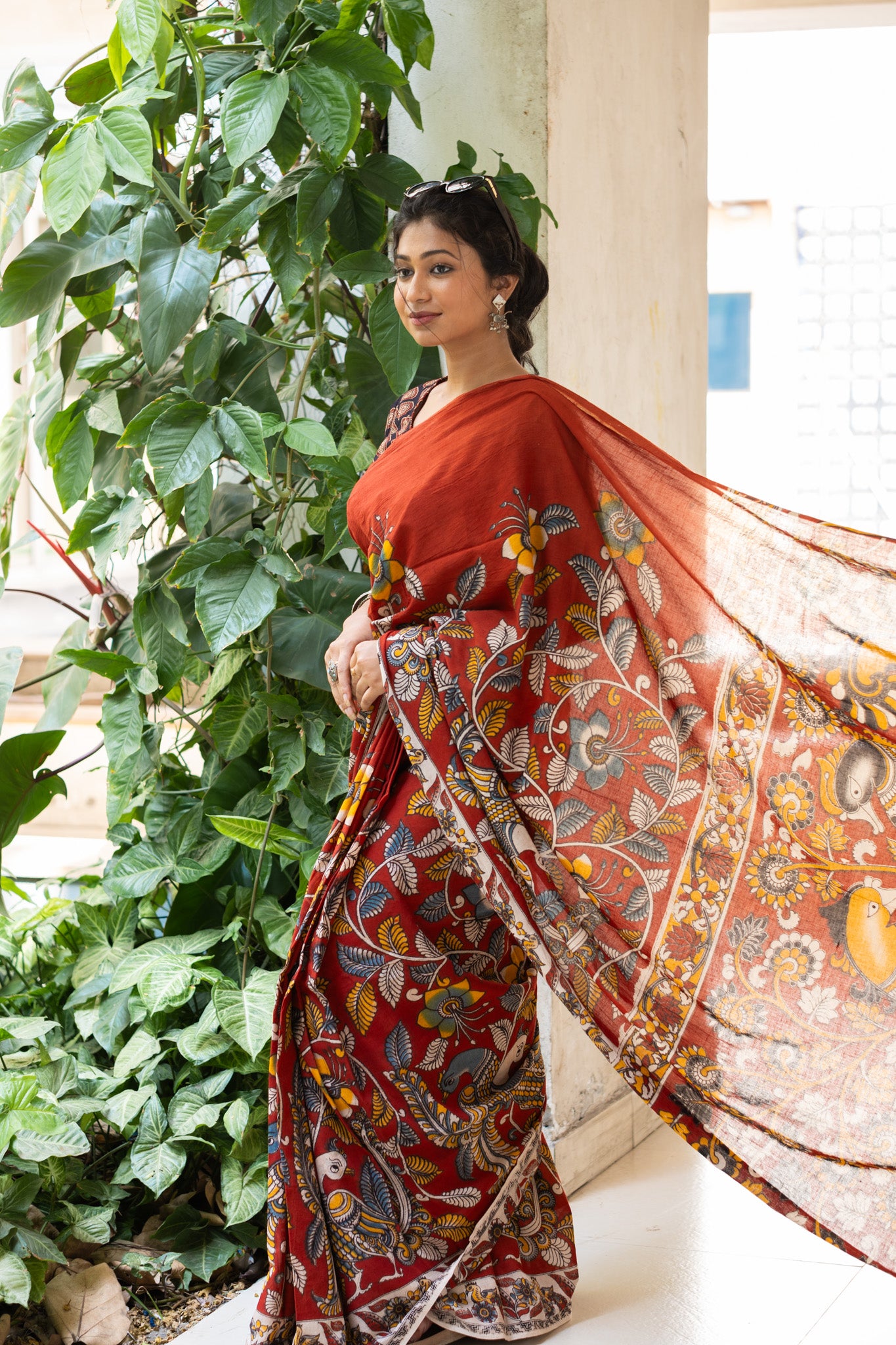 Saffron Rekha Kalamkari Saree - Uttariya