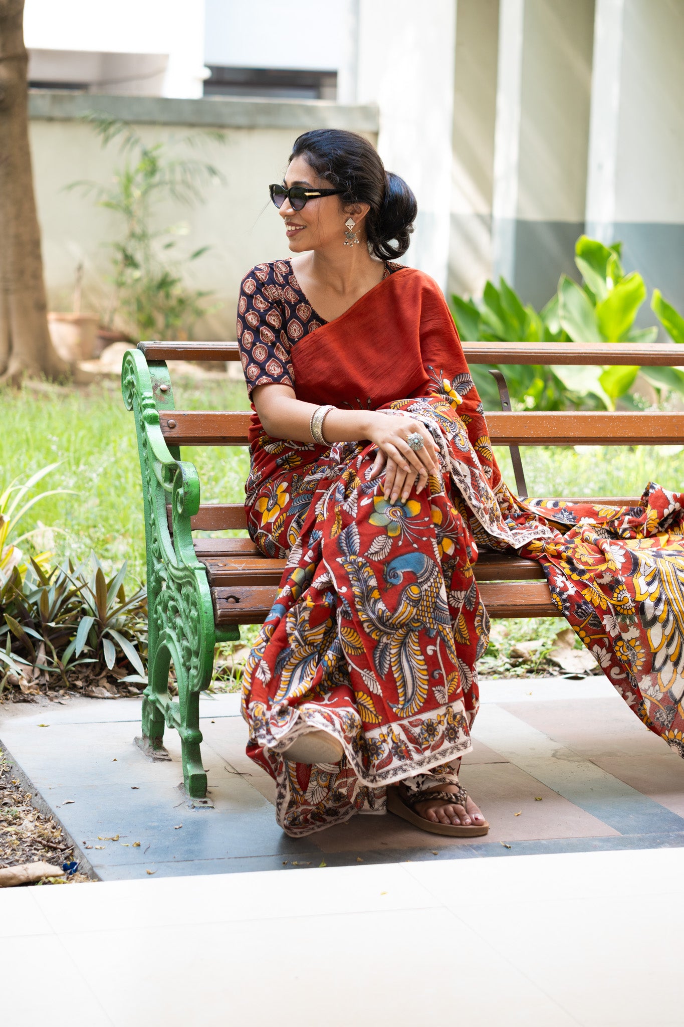 Saffron Rekha Kalamkari Saree - Uttariya
