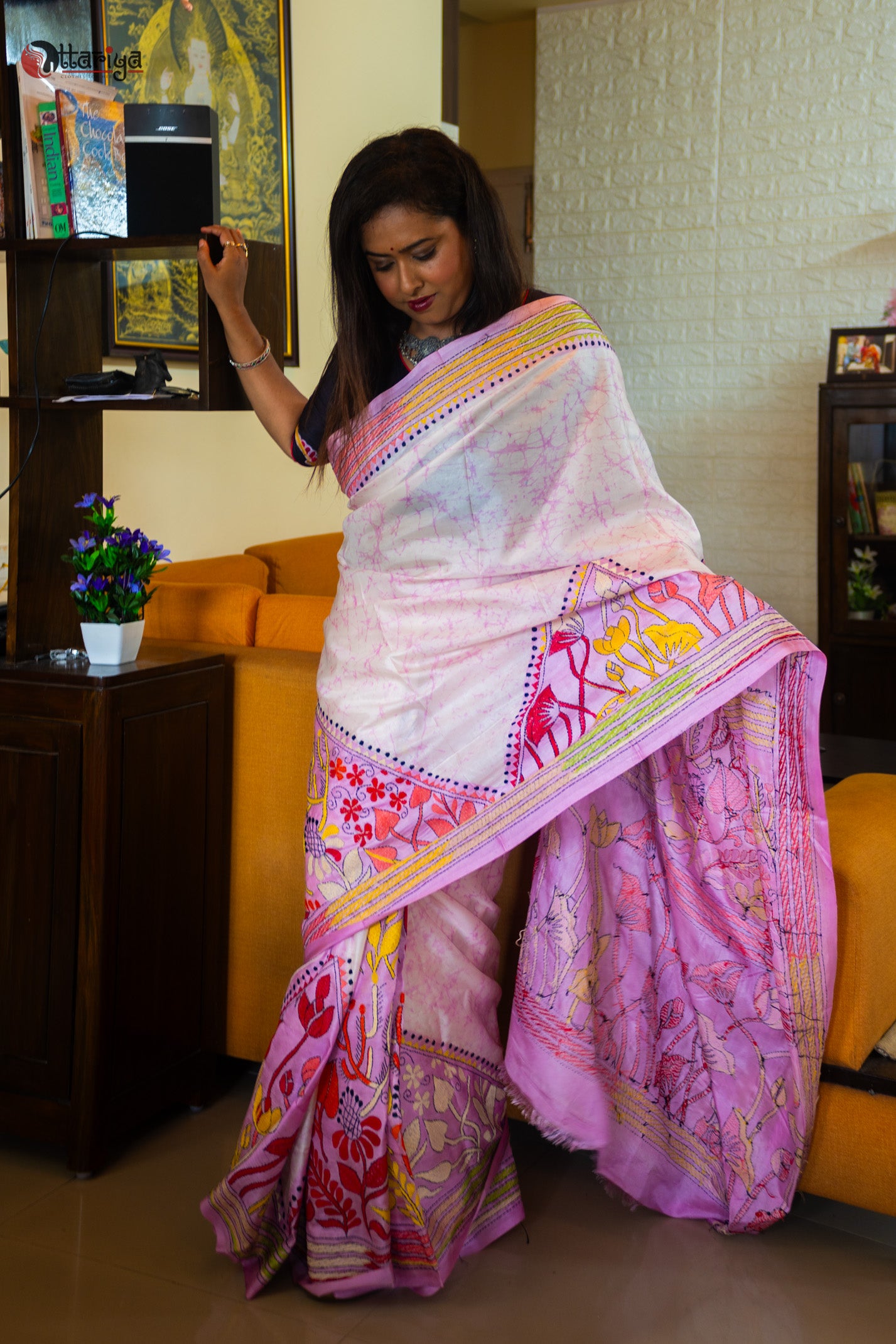 Pink batik kantha silk Saree