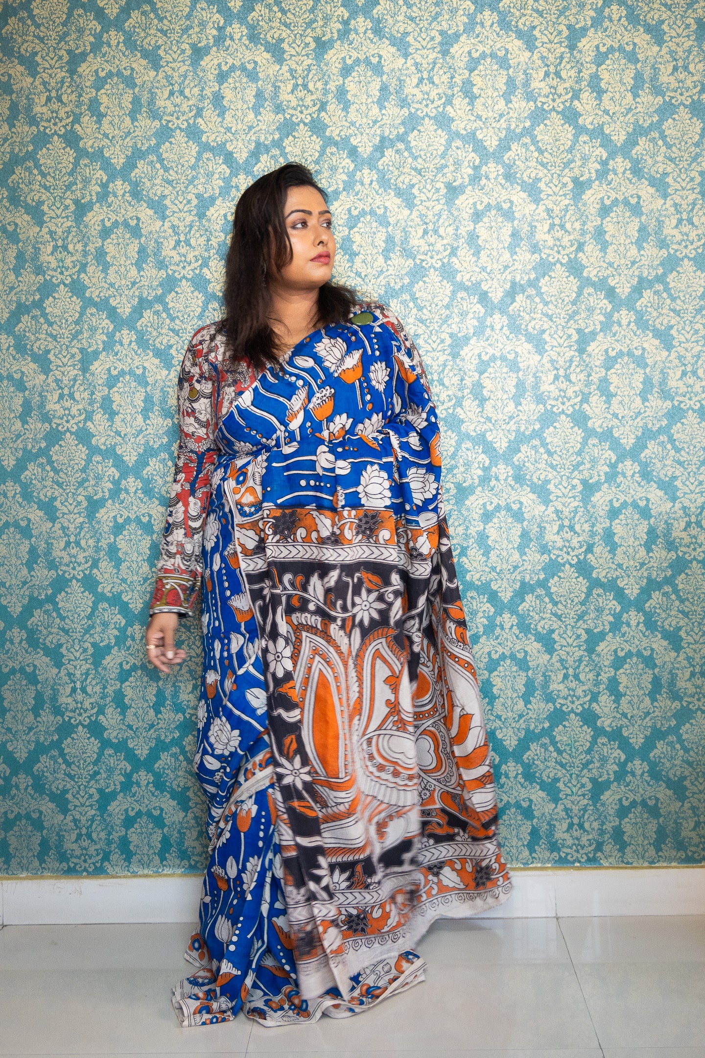 Blue lotus silk kalamkari Saree