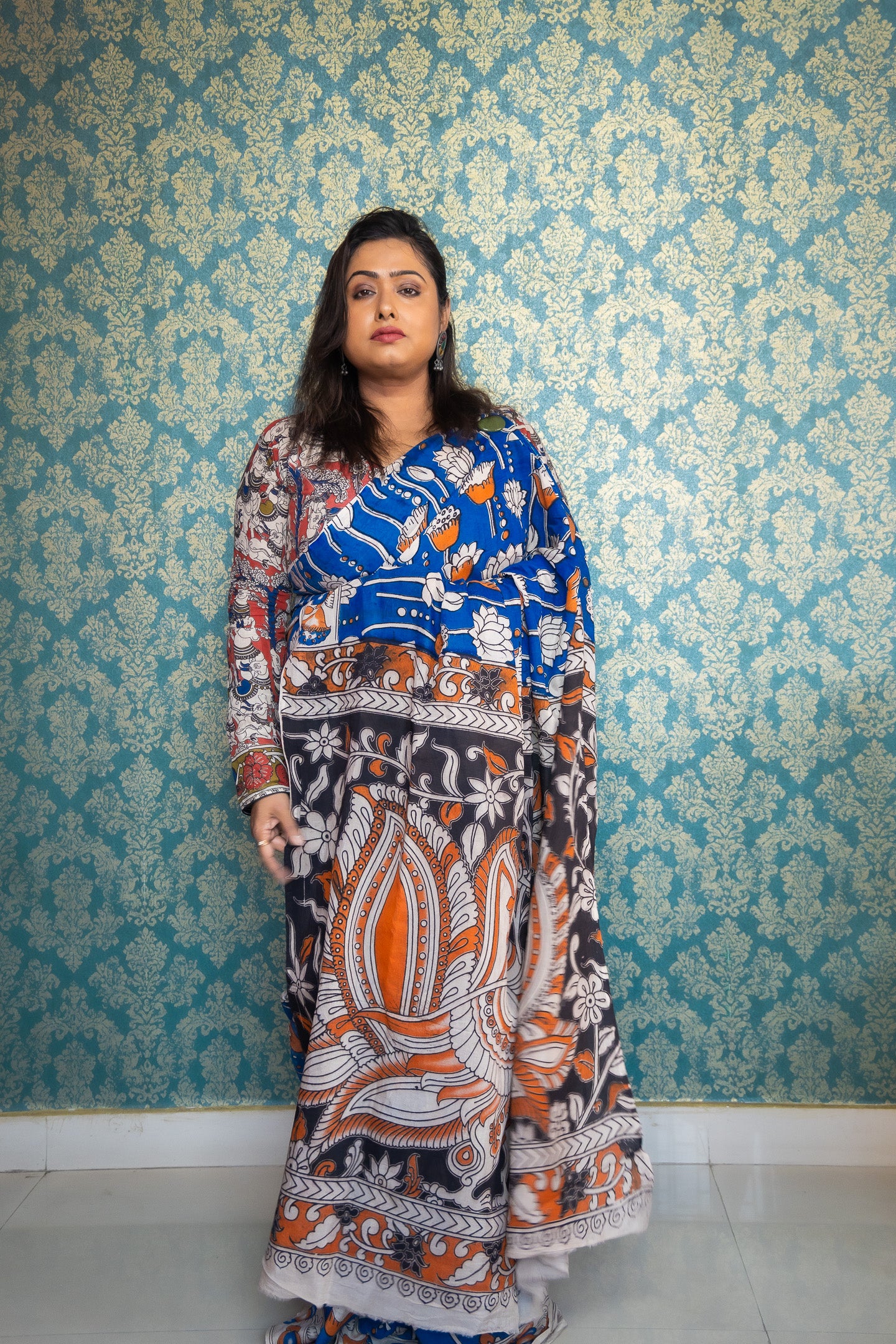 Blue lotus silk kalamkari Saree