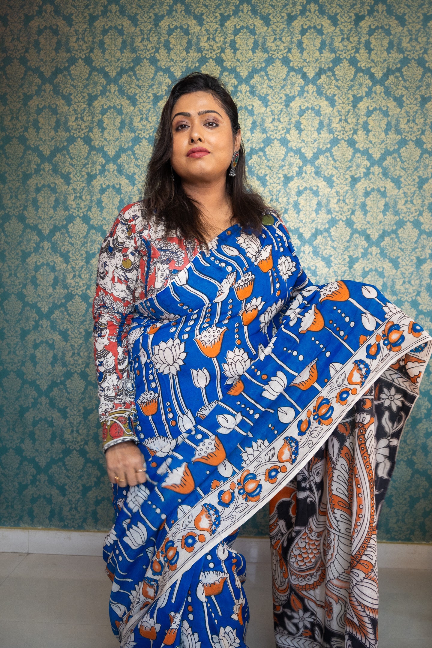 Blue lotus silk kalamkari Saree