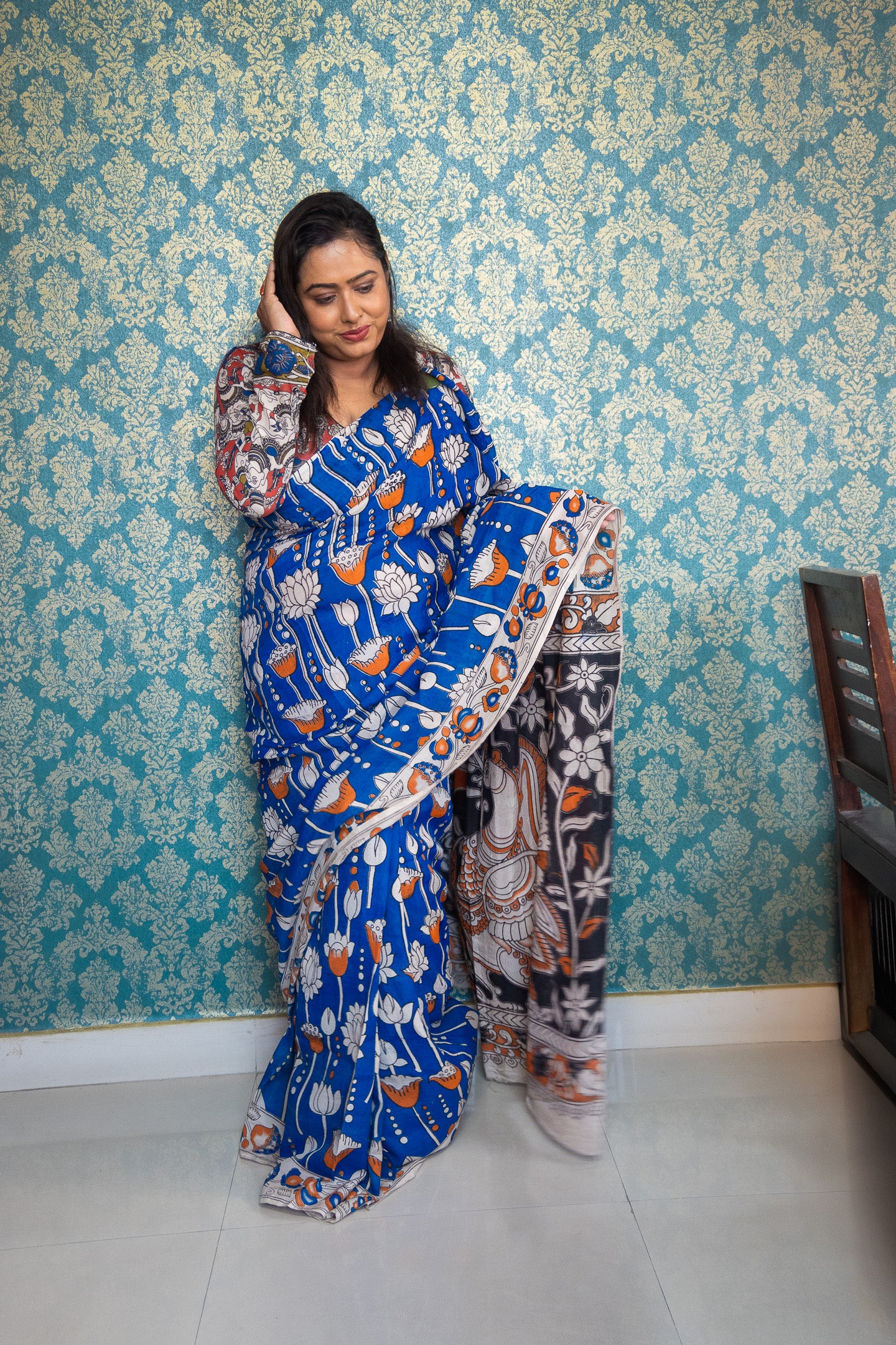 Blue lotus silk kalamkari Saree