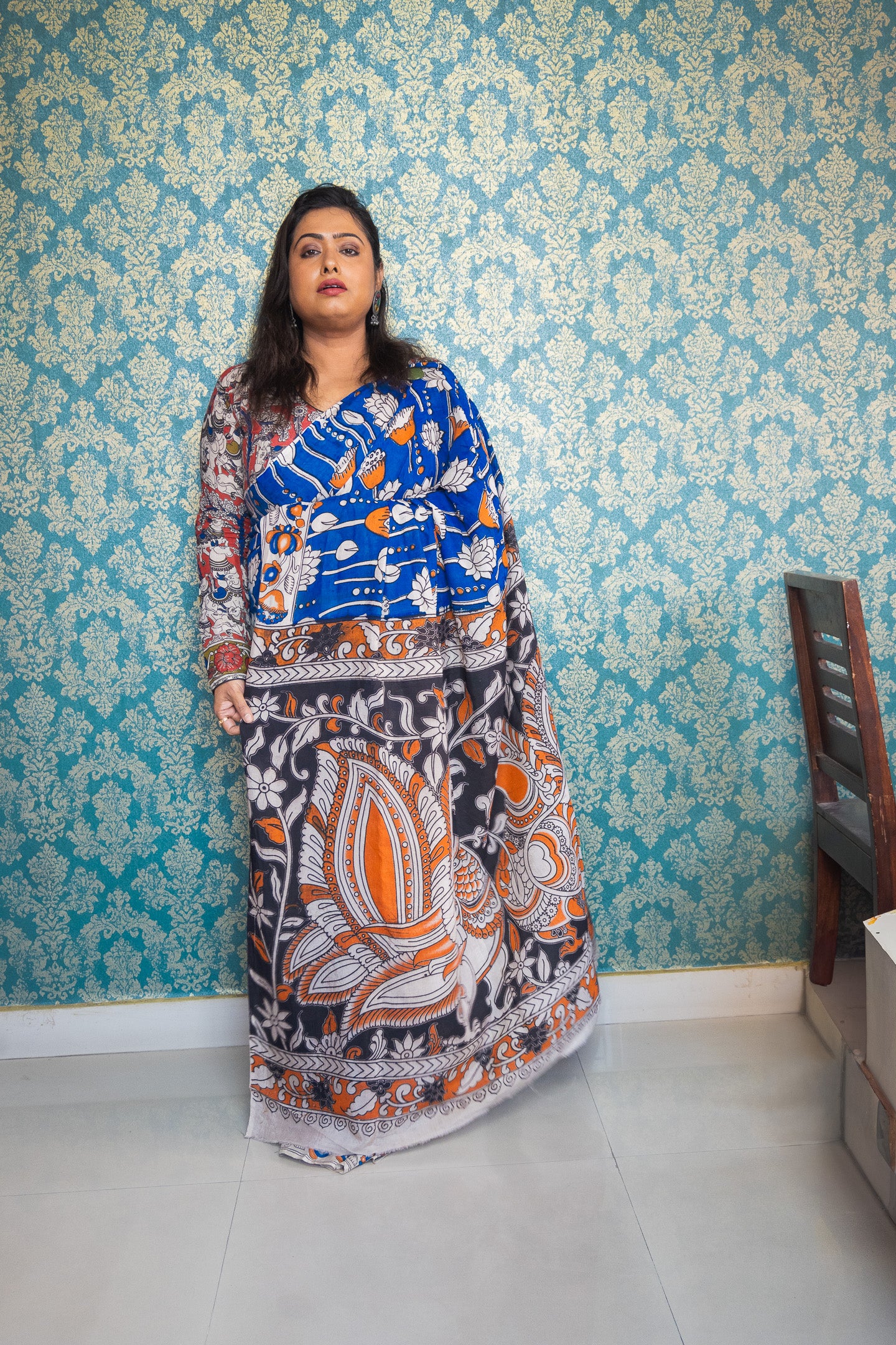 Blue lotus silk kalamkari Saree