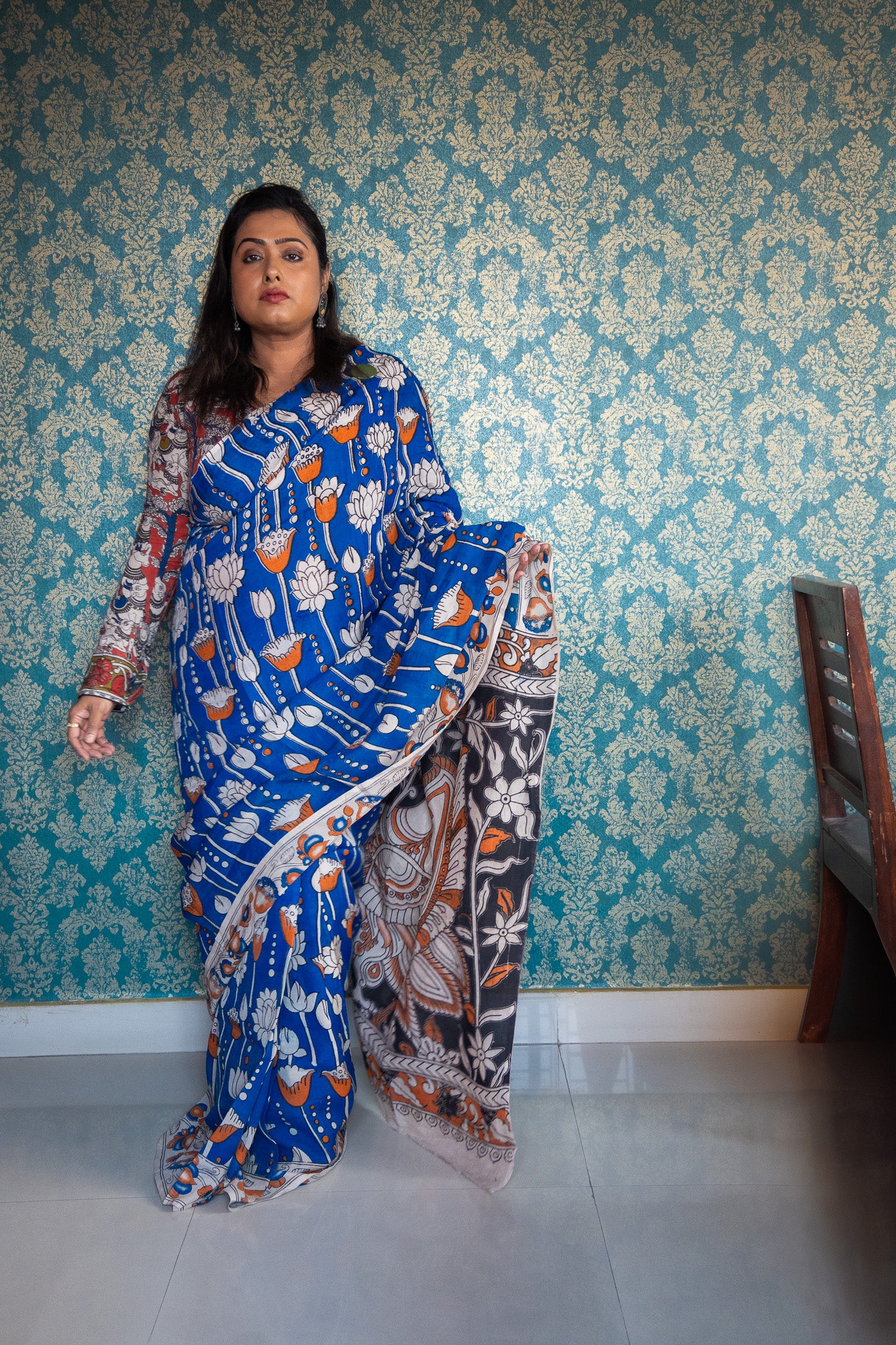 Blue lotus silk kalamkari Saree