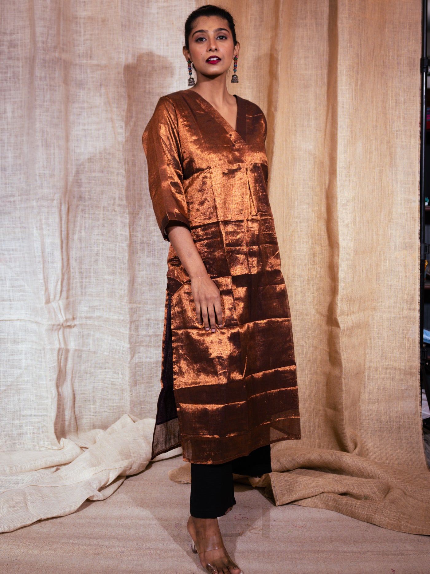 Shiny Copper Glow Zardosi Silk Kurta