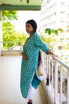 Royal Turquise  Indigo Kali Cotton Kurta - Uttariya