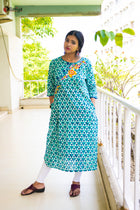 Royal Turquise  Indigo Kali Cotton Kurta - Uttariya