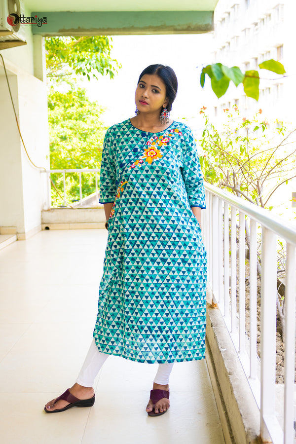 Royal Turquise  Indigo Kali Cotton Kurta - Uttariya