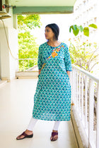 Royal Turquise  Indigo Kali Cotton Kurta - Uttariya