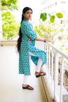 Royal Turquise  Indigo Kali Cotton Kurta - Uttariya