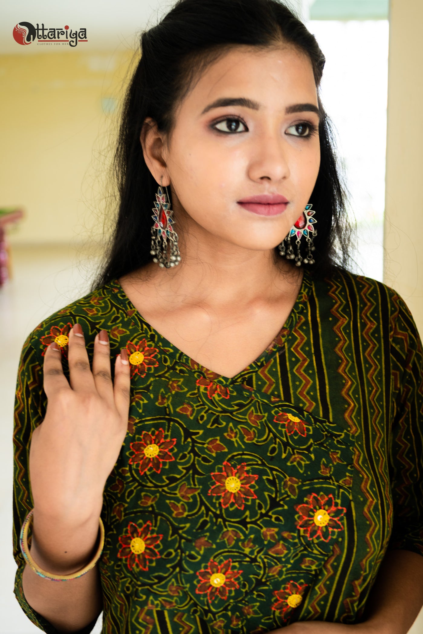 Majestic Ajrakh Charm Embroidered Cotton Kurta - Uttariya