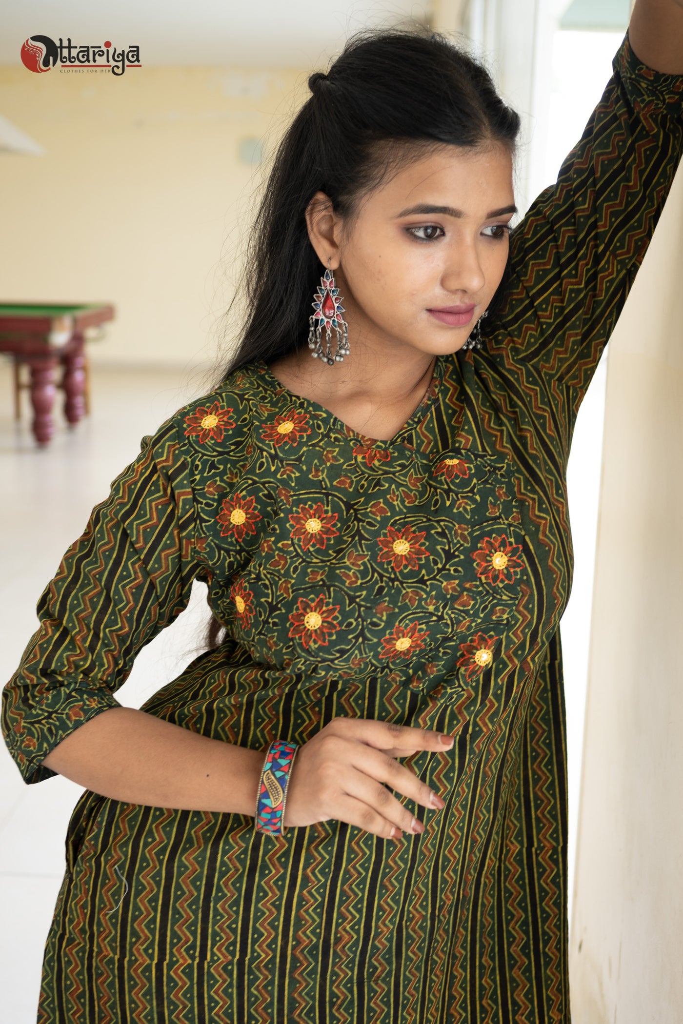 Majestic Ajrakh Charm Embroidered Cotton Kurta - Uttariya