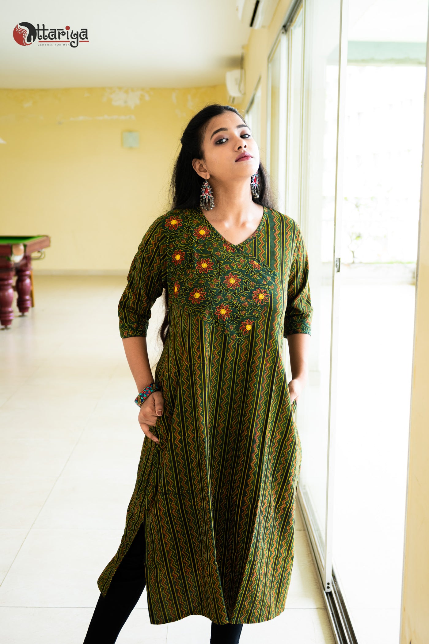 Majestic Ajrakh Charm Embroidered Cotton Kurta - Uttariya