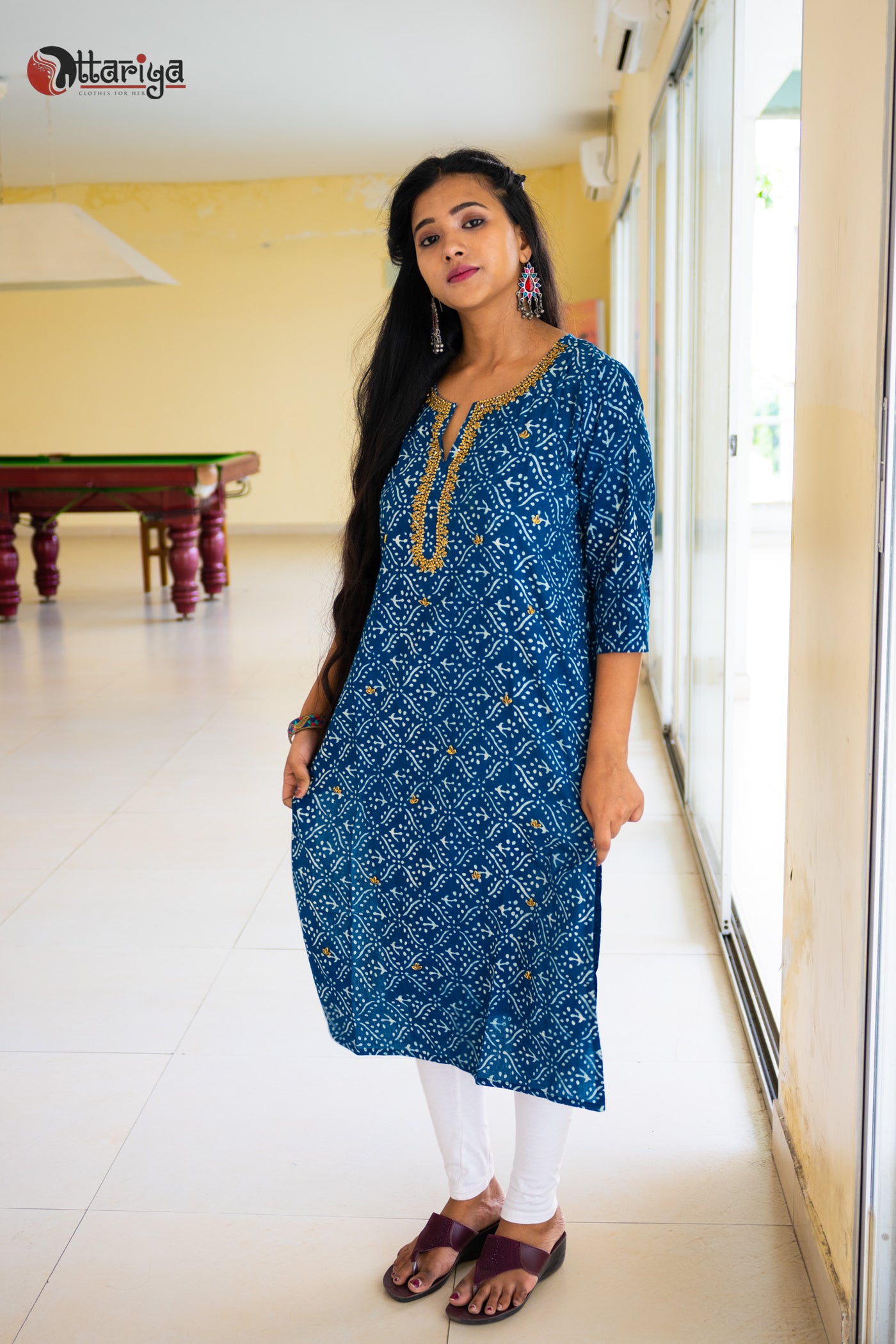 Indigo Goldwork Embroidery Cotton Kurta - Uttariya