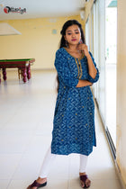 Indigo Goldwork Embroidery Cotton Kurta - Uttariya