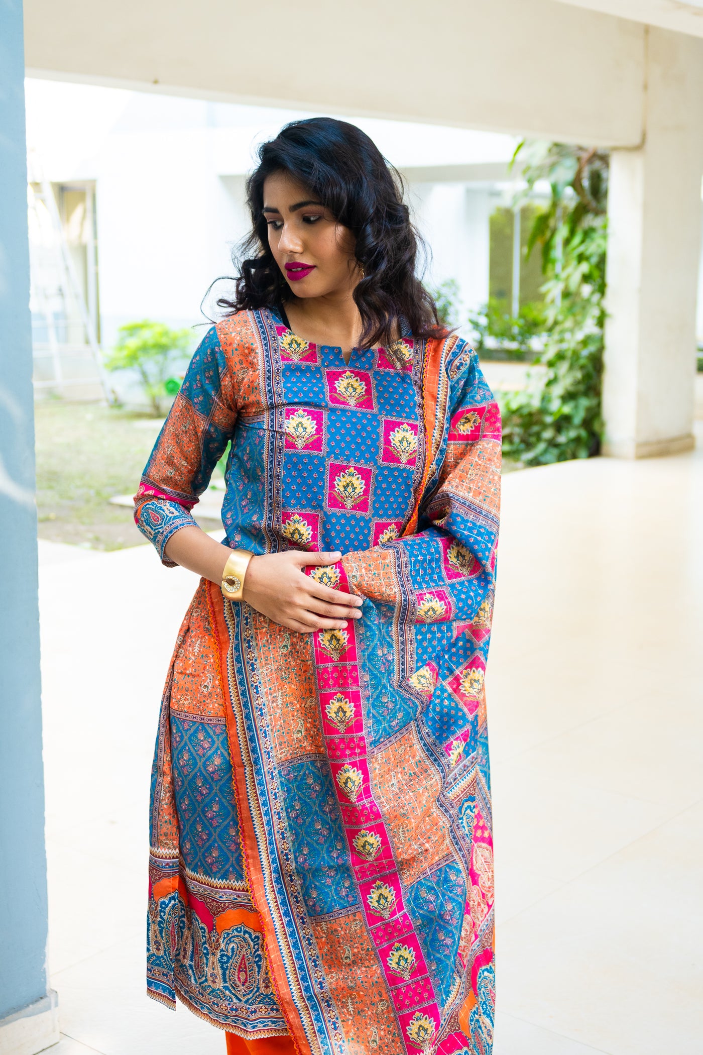 Turquise Maslin SIlk Kurti Set - Uttariya