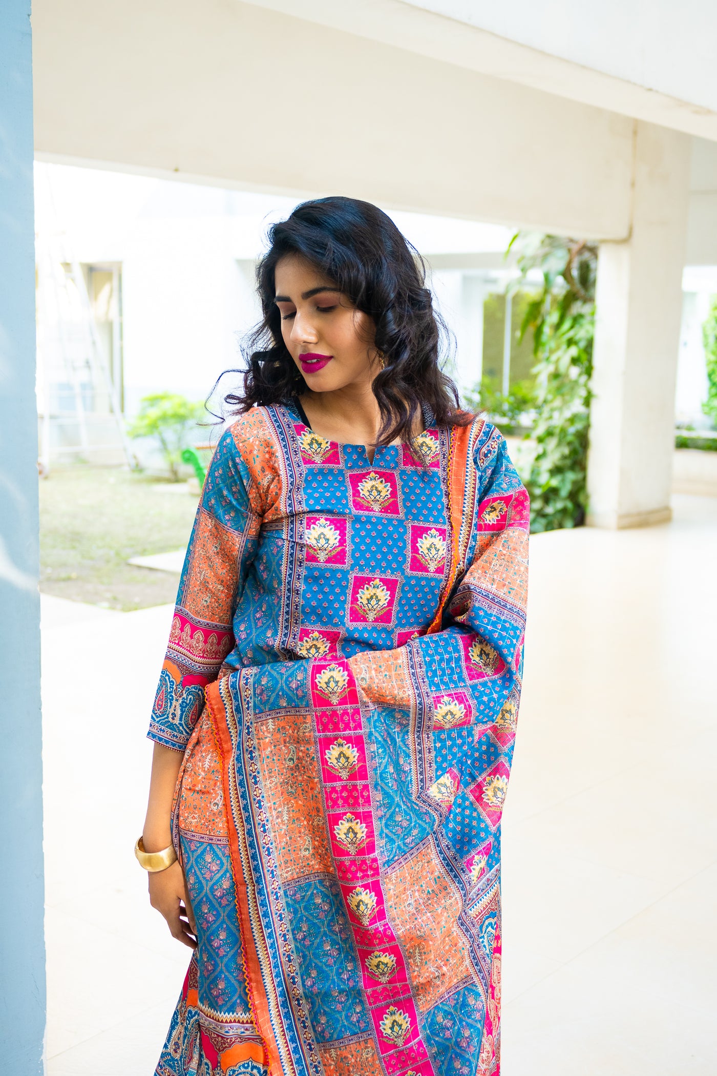 Turquise Maslin SIlk Kurti Set - Uttariya
