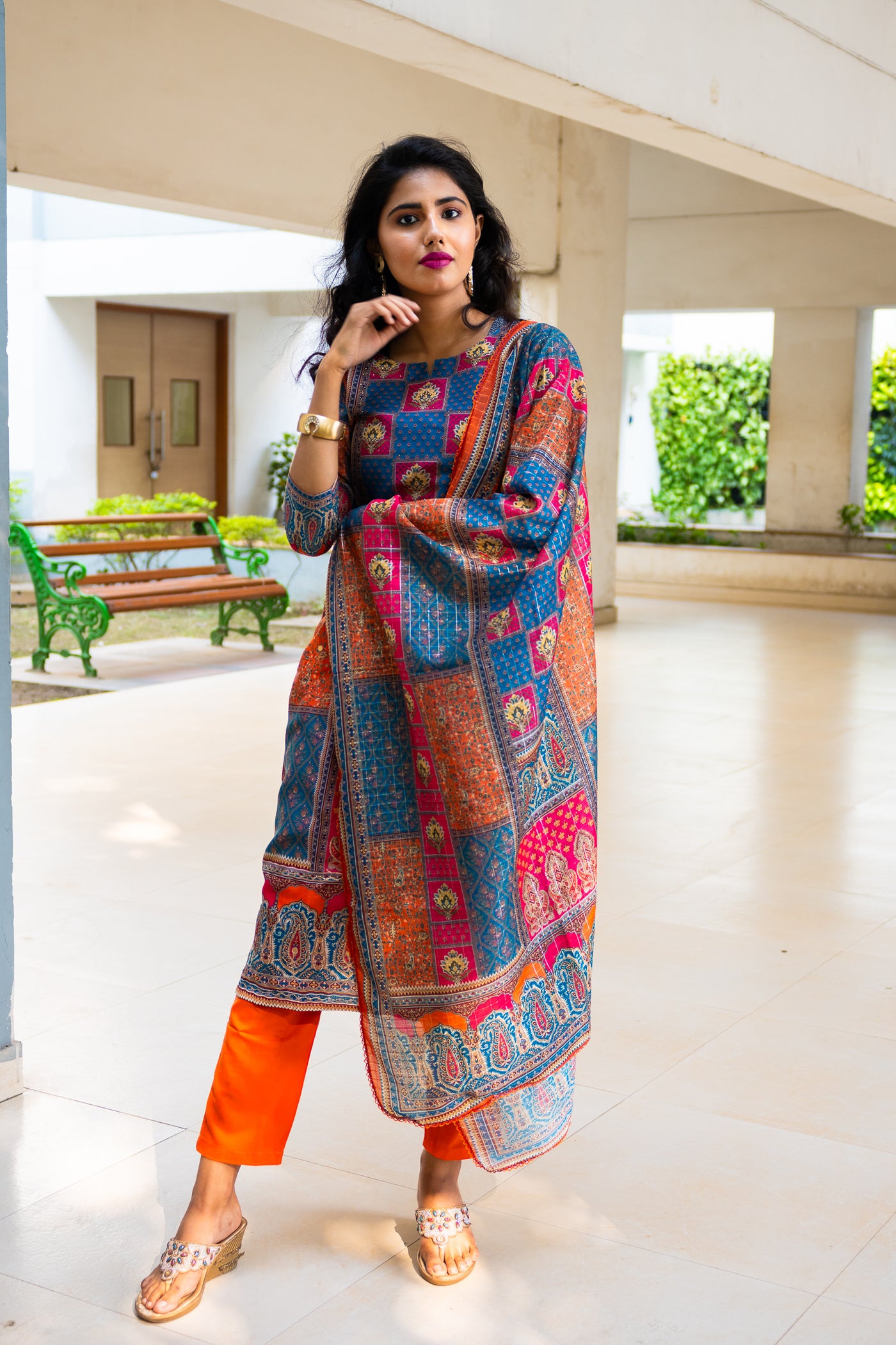 Turquise Maslin SIlk Kurti Set - Uttariya