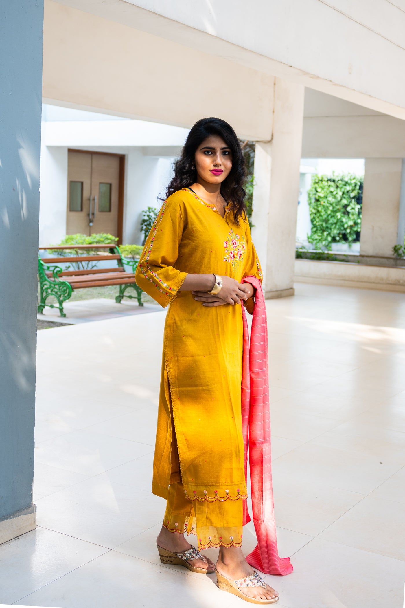 Yellow Handwork Maslin Silk Kurta Set - Uttariya