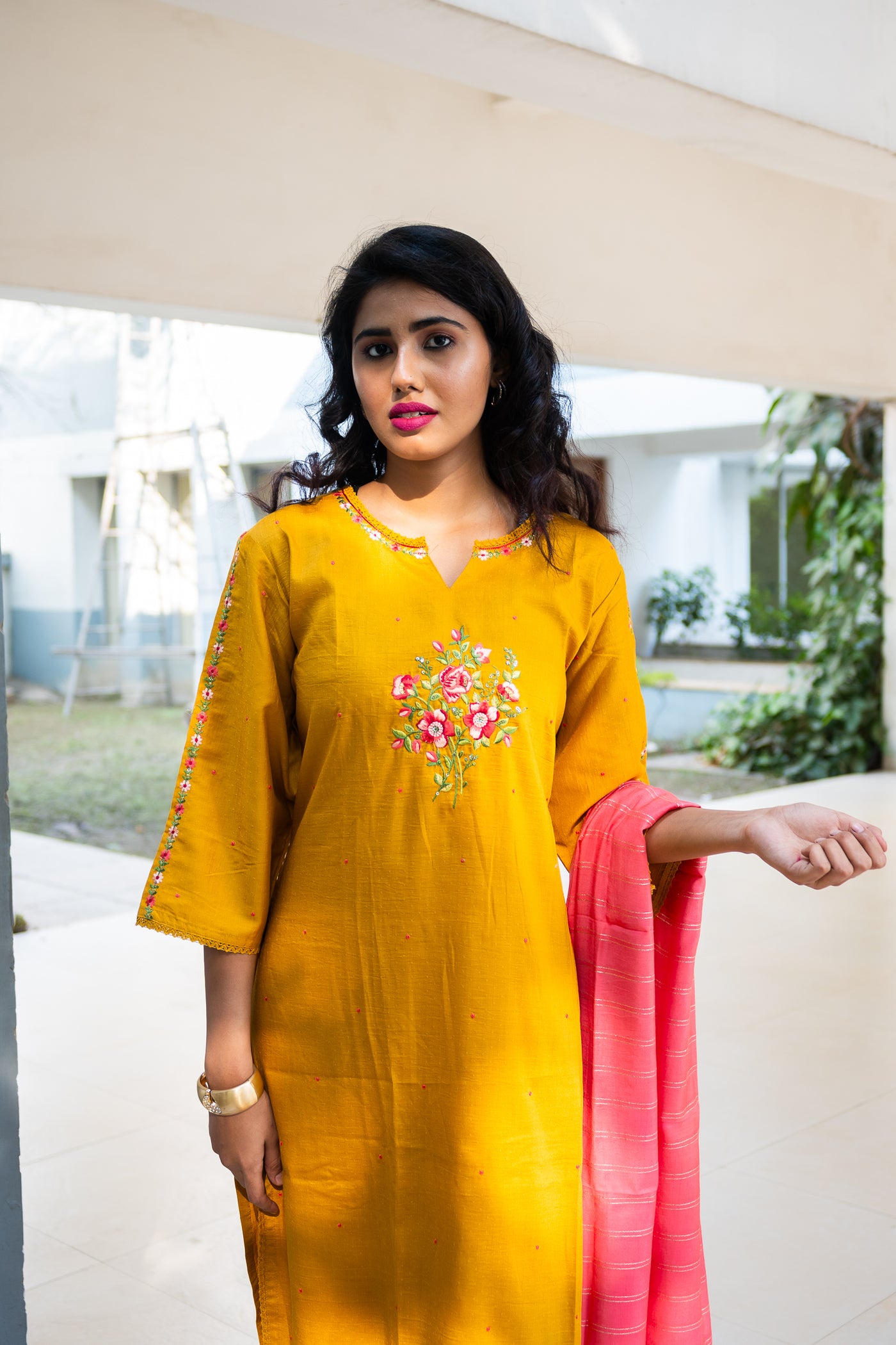 Yellow Handwork Maslin Silk Kurta Set - Uttariya