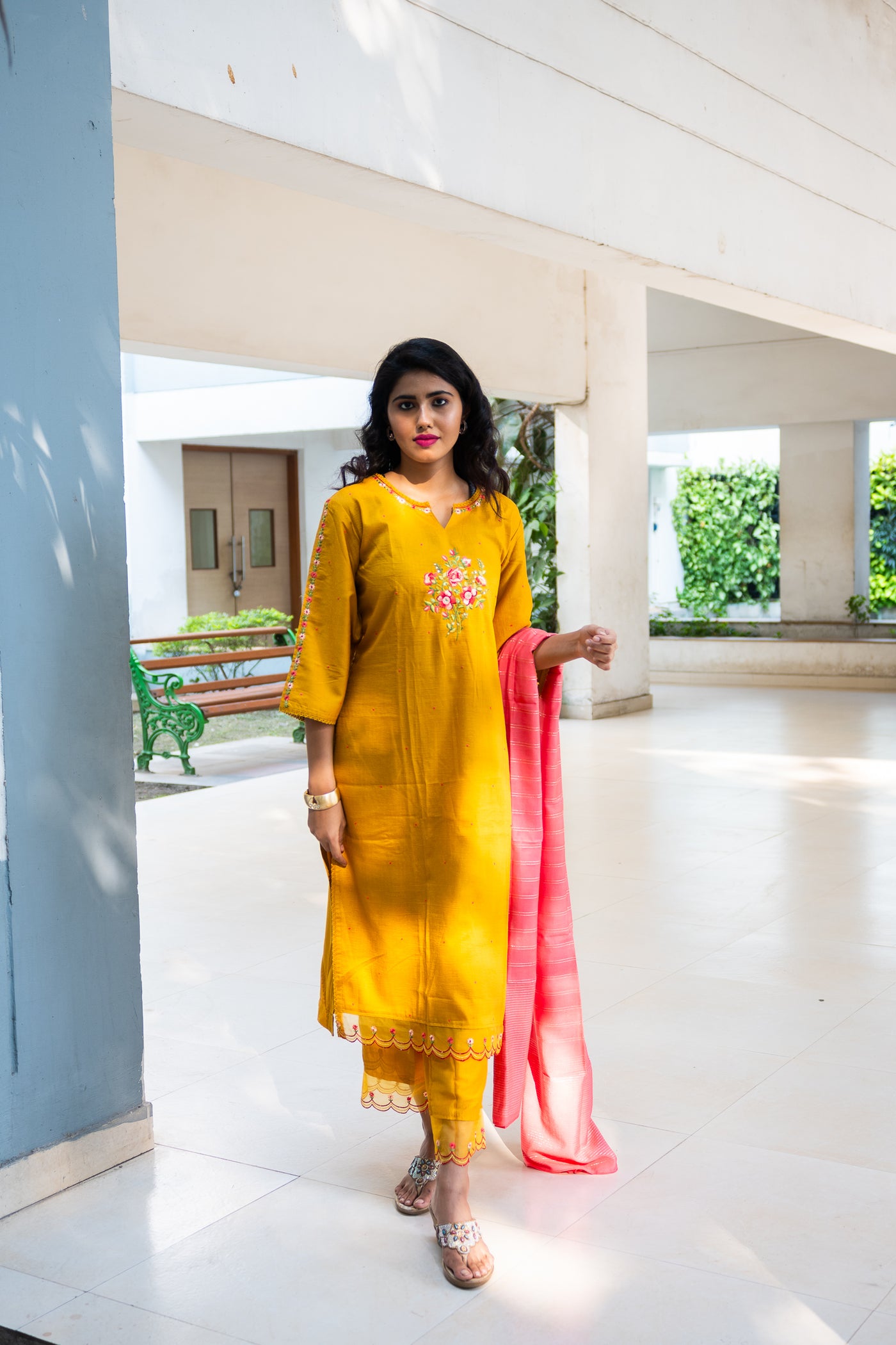 Yellow Handwork Maslin Silk Kurta Set - Uttariya
