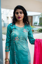 Turkish Blue Handwork Maslin Silk Kurta Set - Uttariya