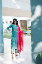 Turkish Blue Handwork Maslin Silk Kurta Set - Uttariya