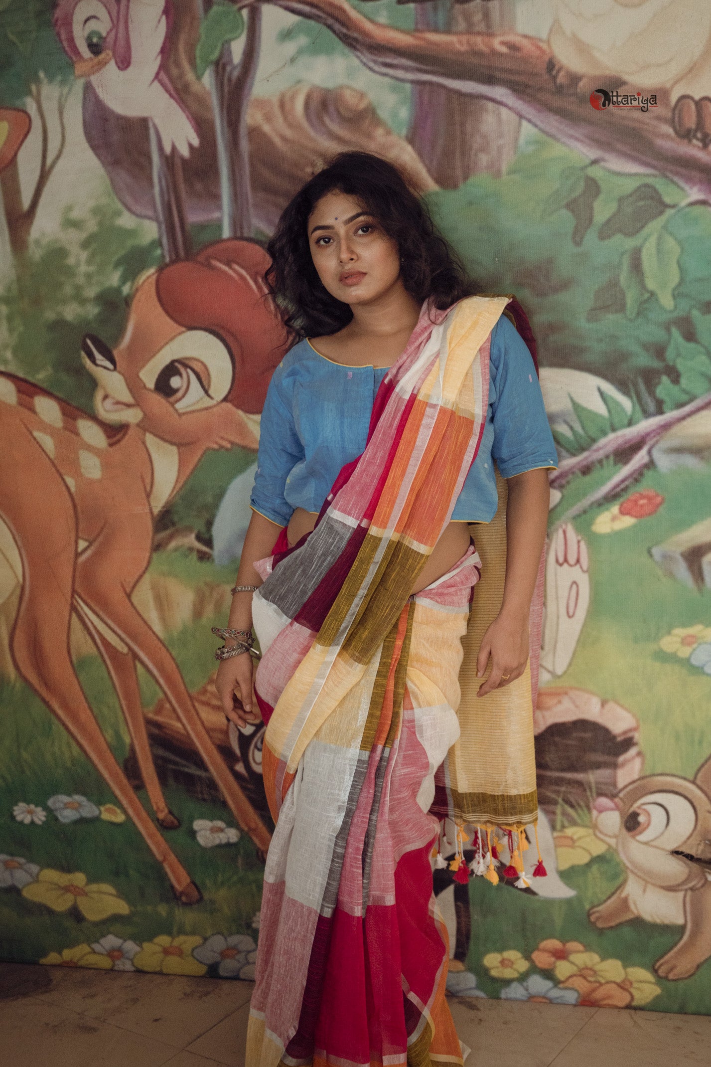 Berry Checkchock Linen Saree