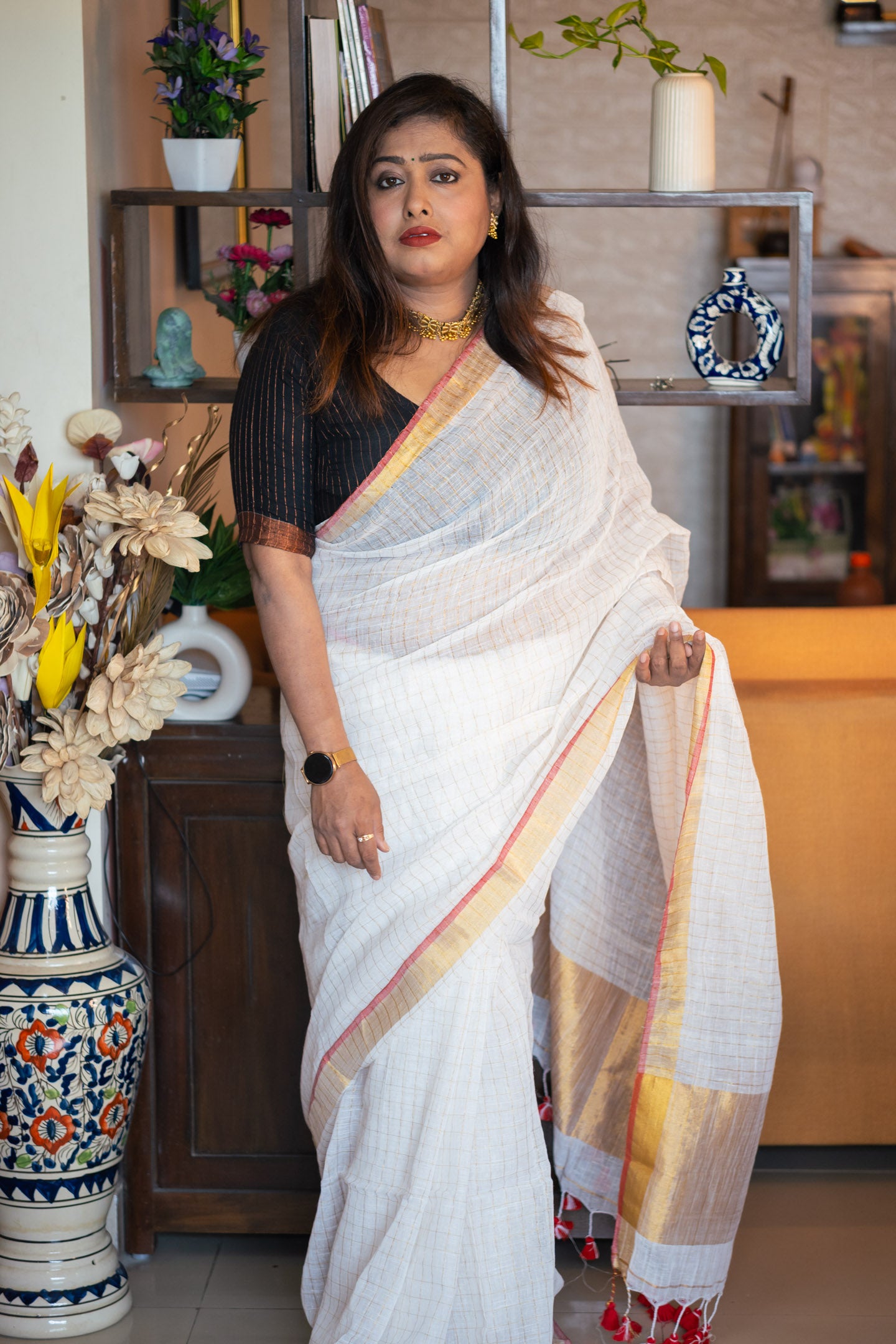 Zari Check Linen Saree - Uttariya