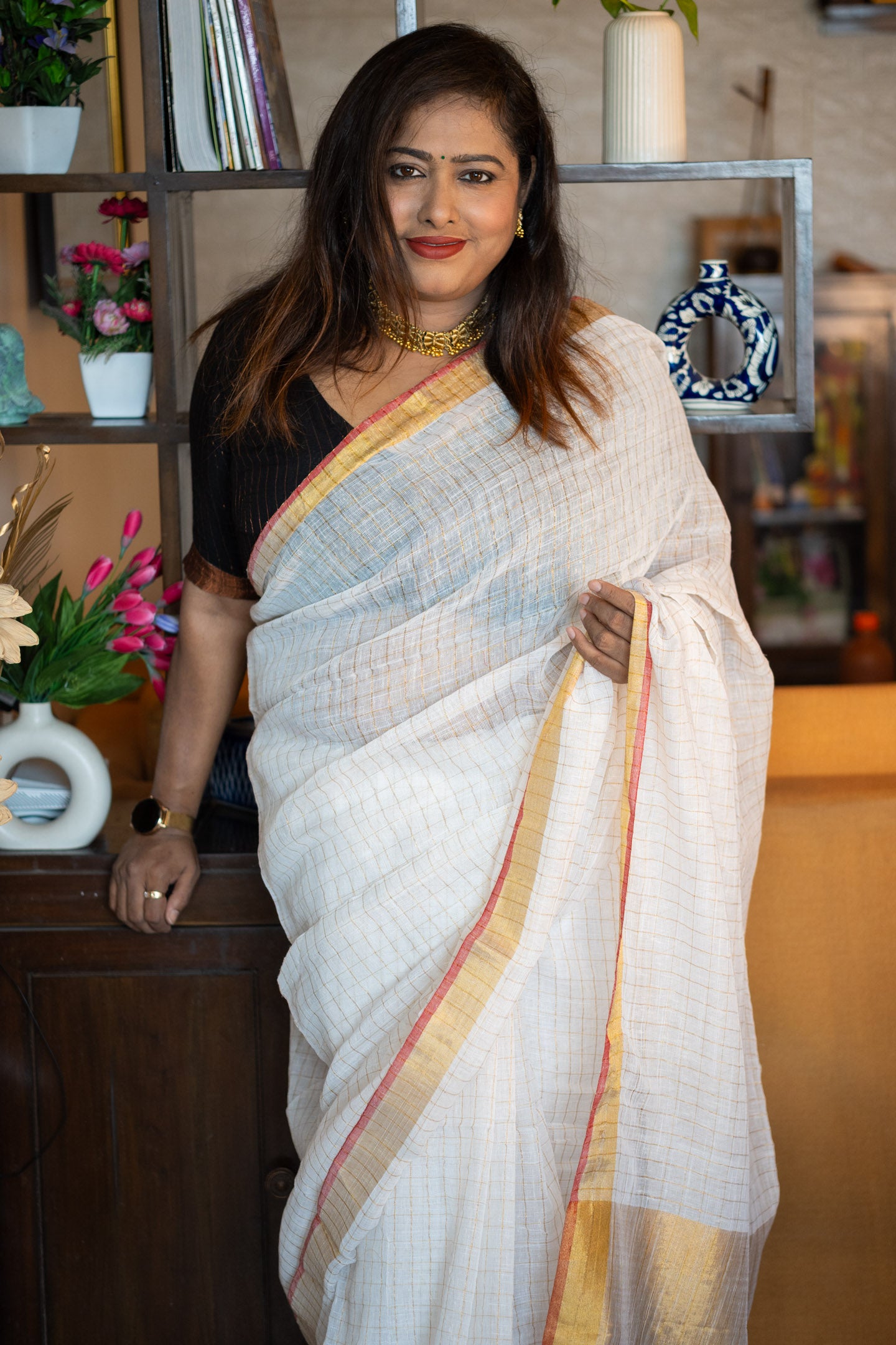 Zari Check Linen Saree - Uttariya