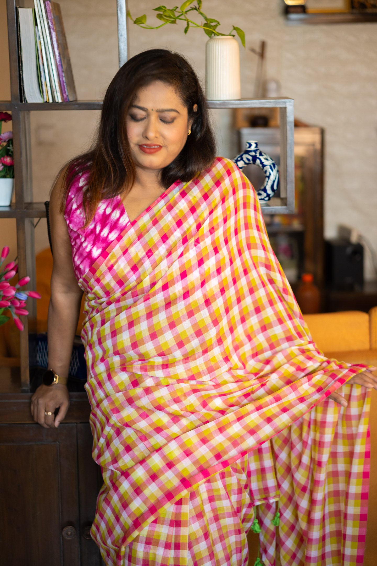Pink check Saree