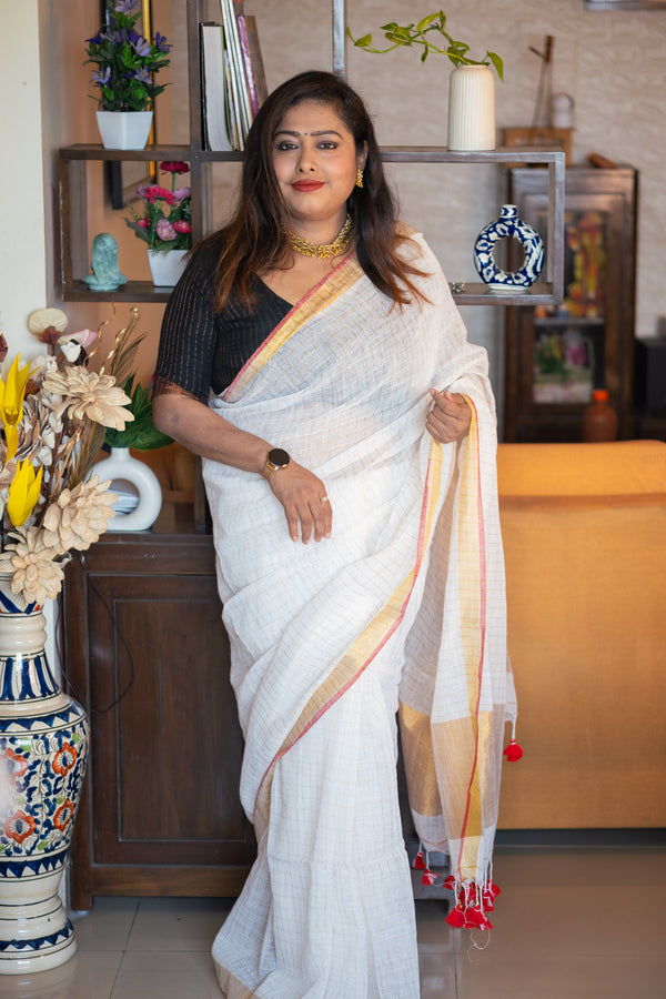 Zari Check Linen Saree - Uttariya