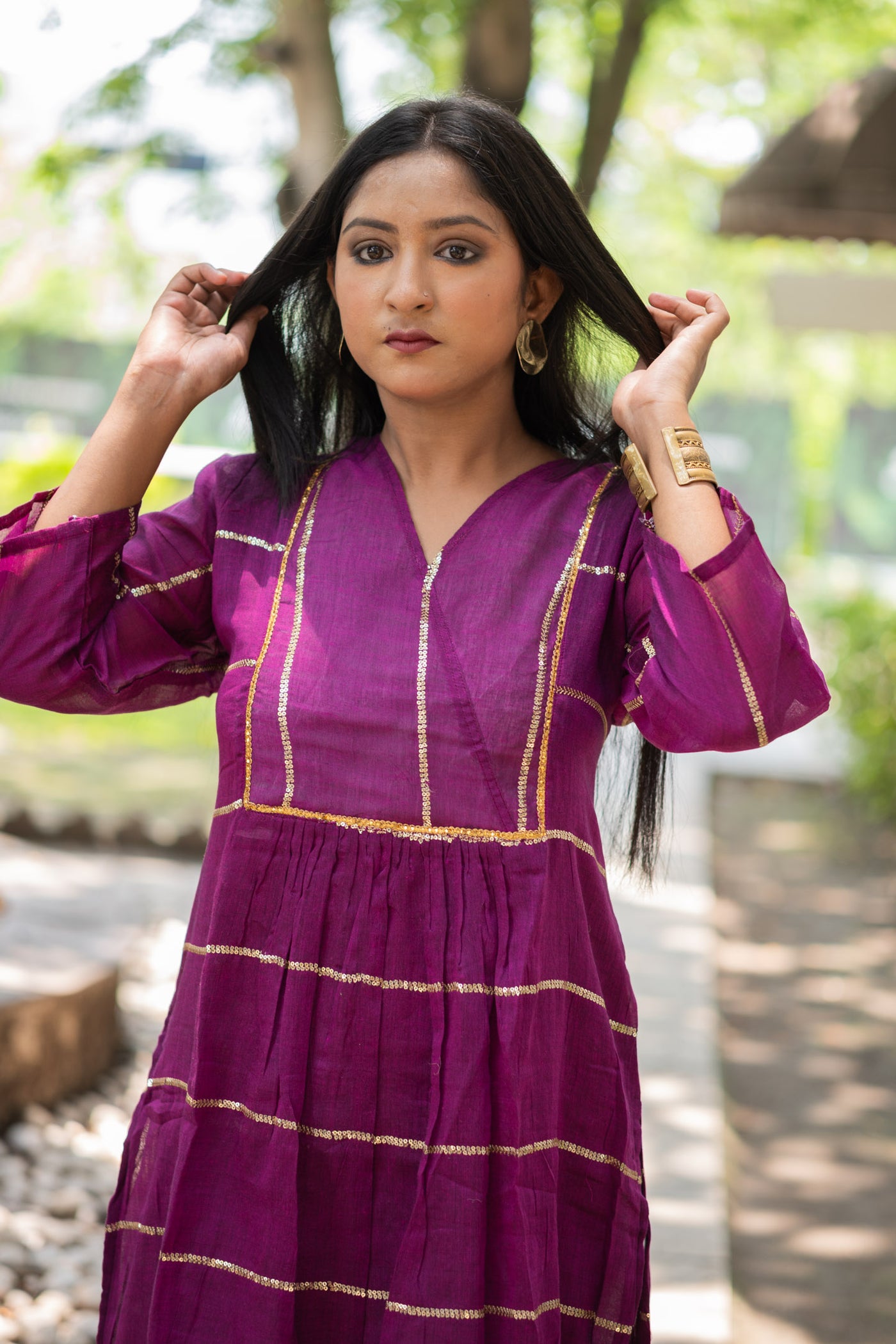 Royal Purple Sequence Flare Cotton Kurta - Uttariya
