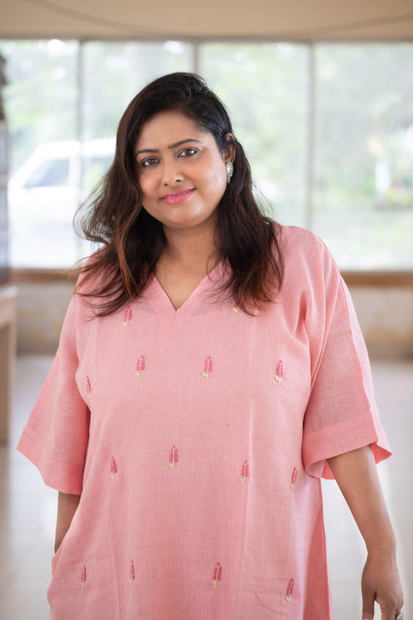 Pallavi — Embroidered Linen  Dress - Uttariya