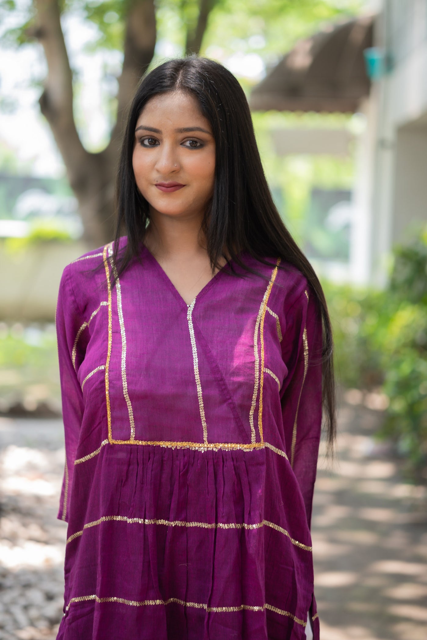 Royal Purple Sequence Flare Cotton Kurta - Uttariya