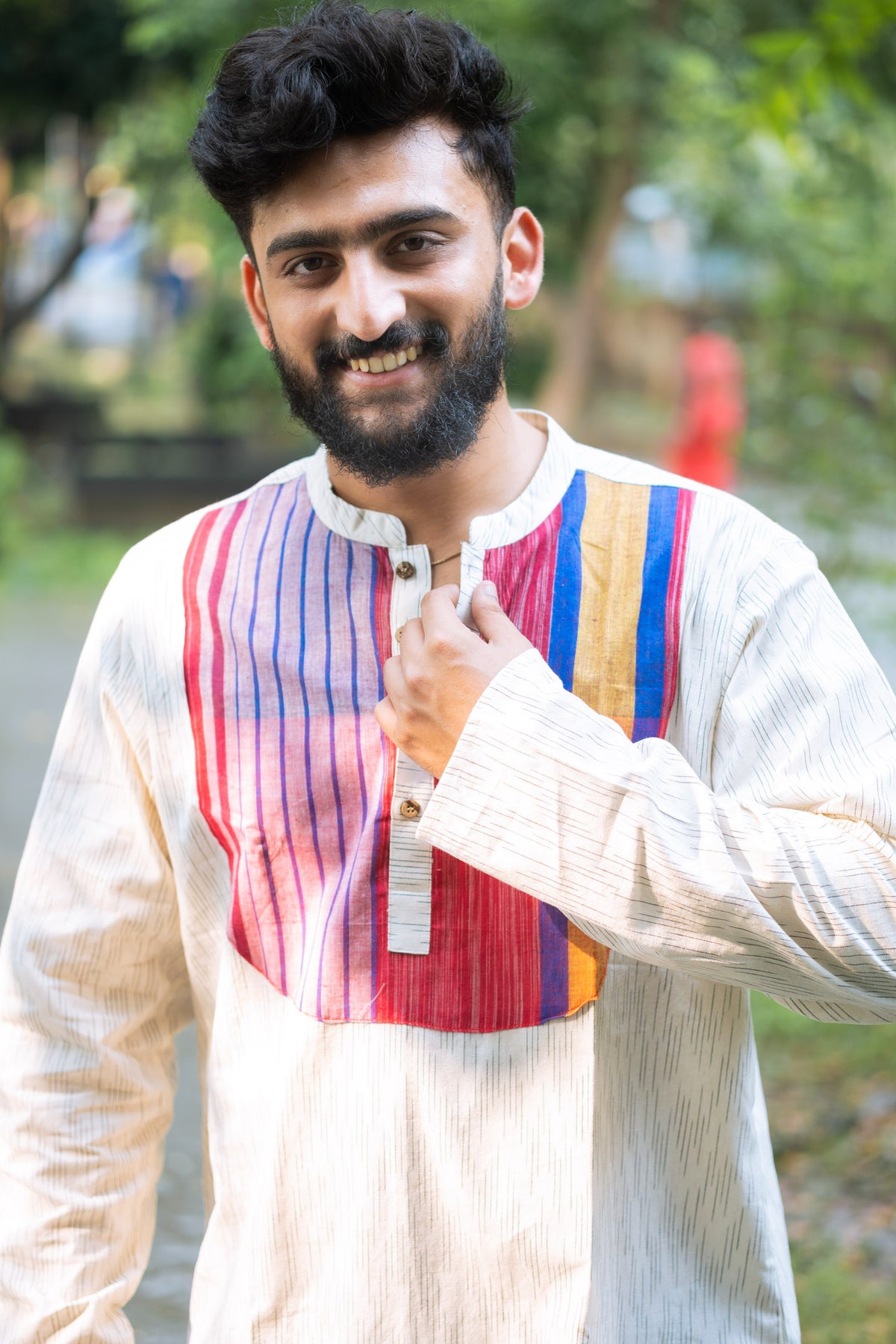 Gamcha Stripe Yoke Ivory Short Kurta