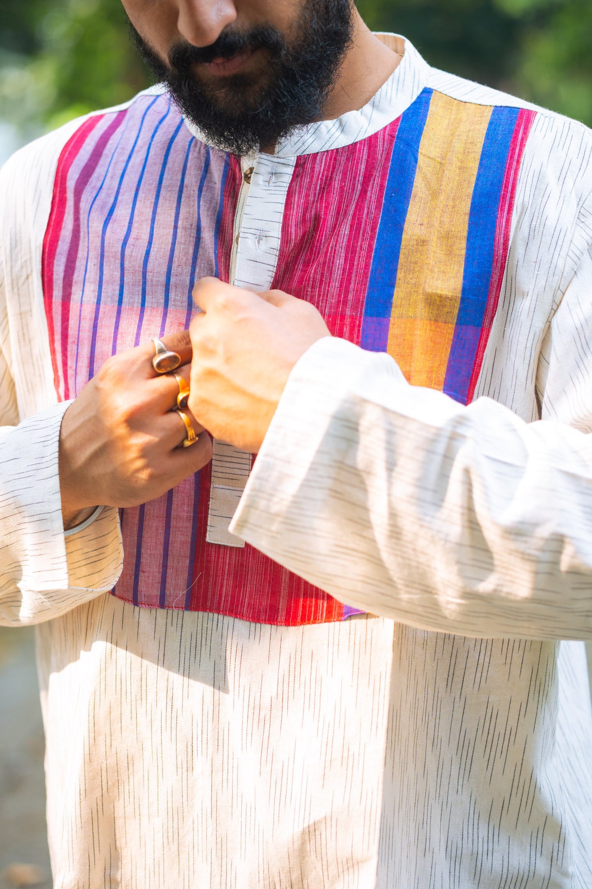 Gamcha Stripe Yoke Ivory Short Kurta