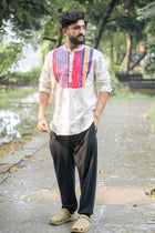 Gamcha Stripe Yoke Ivory Short Kurta