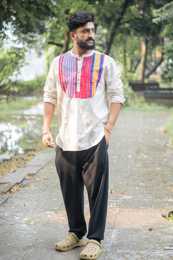 Gamcha Stripe Yoke Ivory Short Kurta