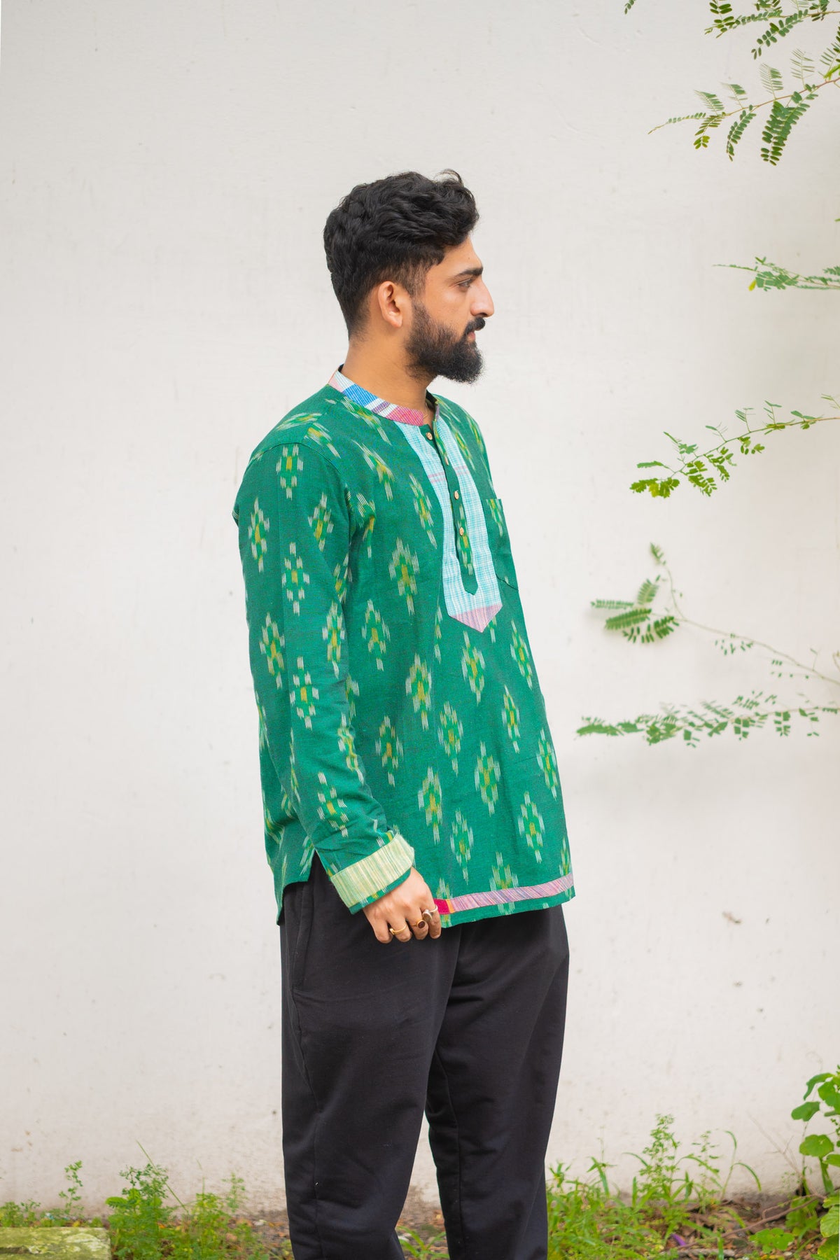 Ikat Gamcha Placket Short Kurta — Green