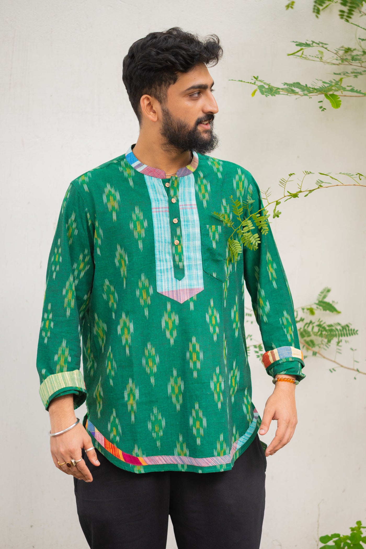 Ikat Gamcha Placket Short Kurta — Green