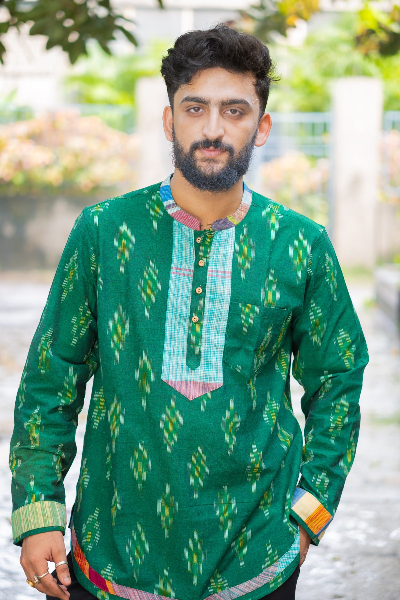 Ikat Gamcha Placket Short Kurta — Green