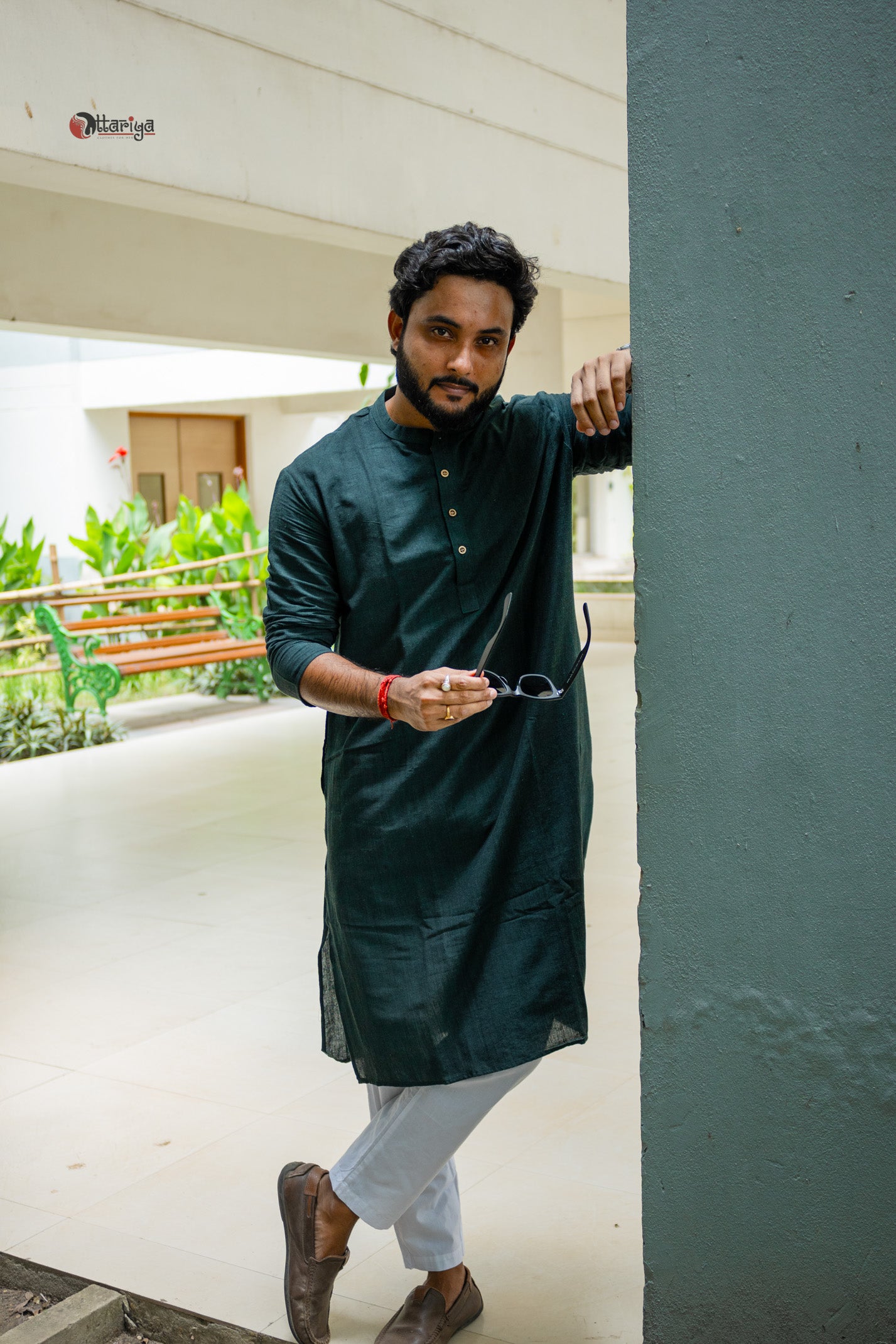 Khadi long kurta with hand kalamkari jacket in green