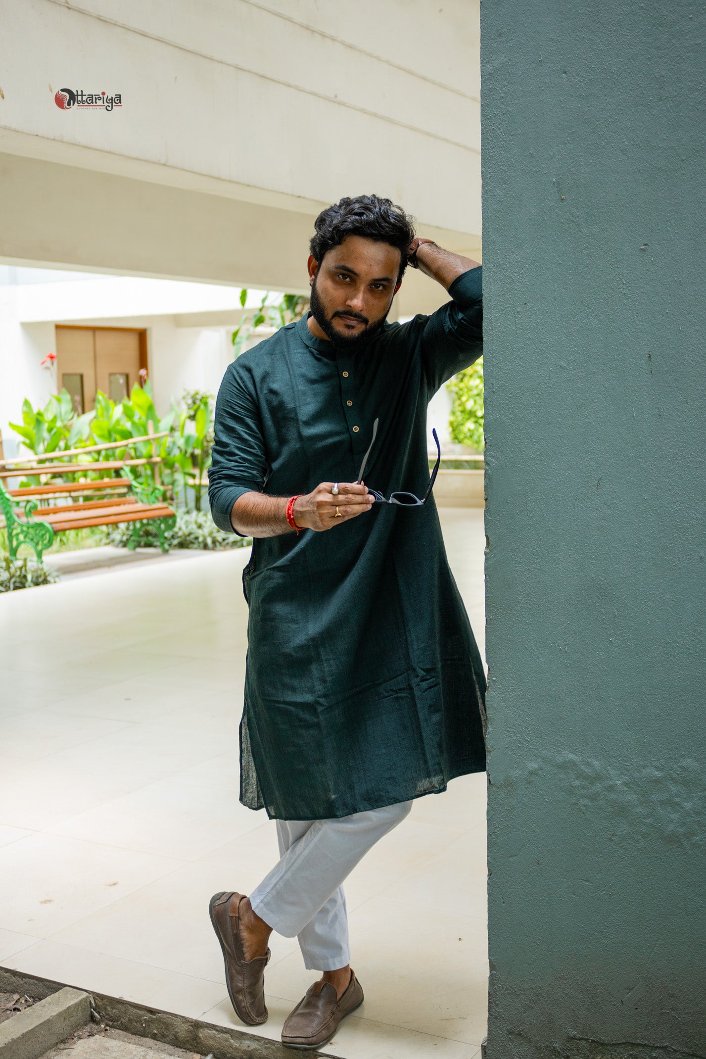 Khadi long kurta with hand kalamkari jacket in green